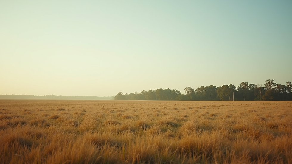 Wide angle view of a Louisiana rural landscape with open fields and distant trees