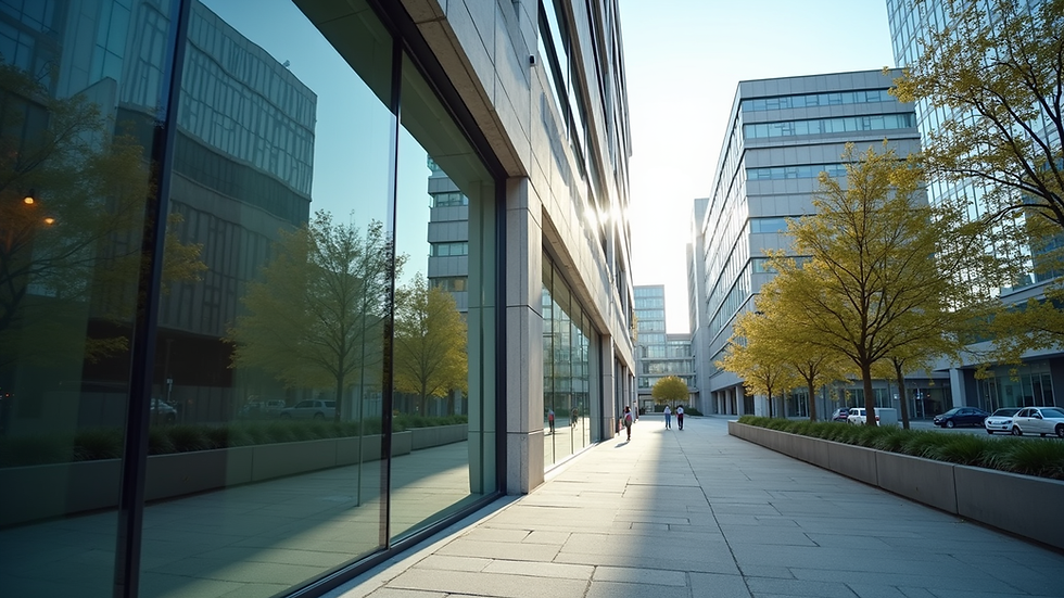 Eye-level view of a commercial office building exterior