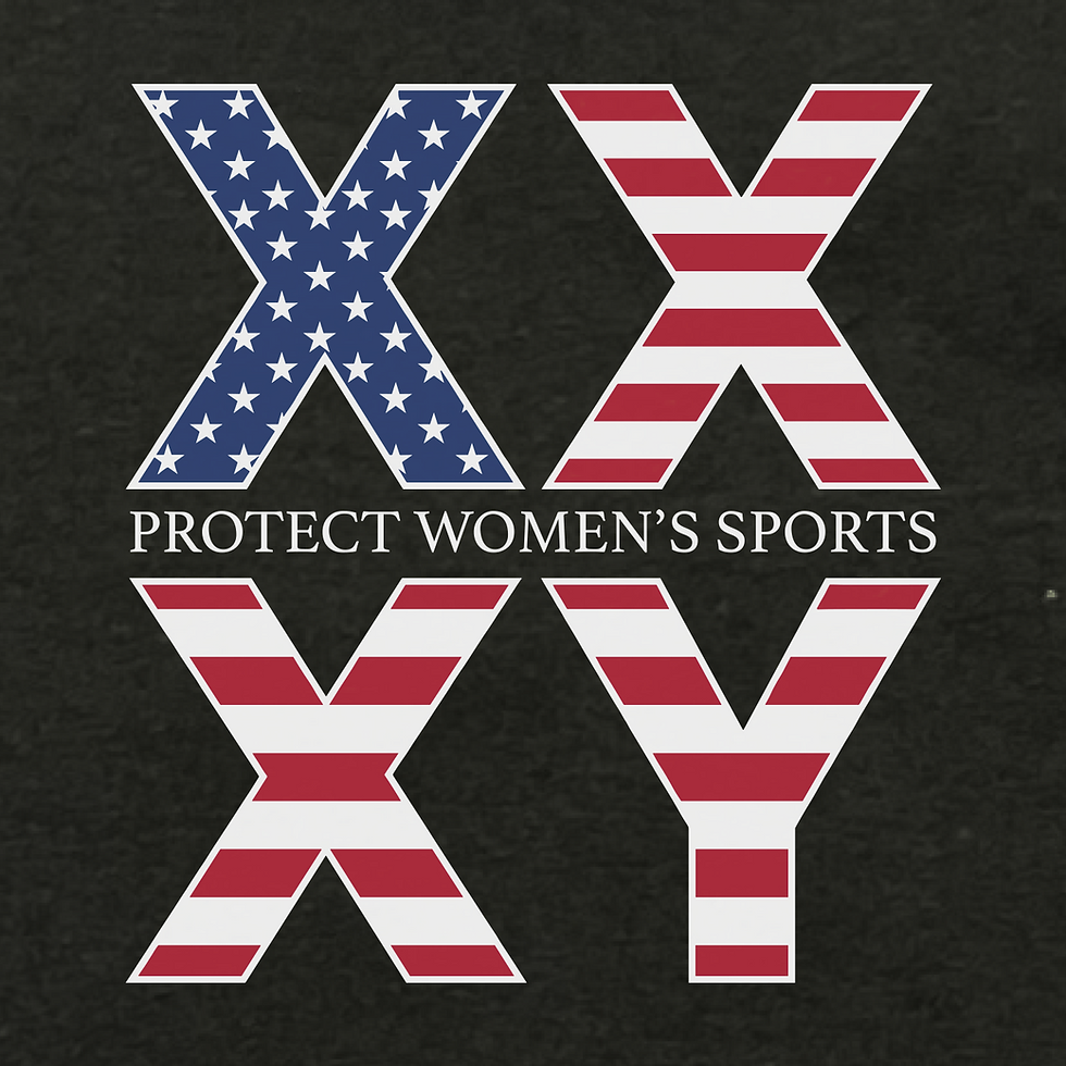 1x1 graphic featuring a left-chest graphic with American flag-patterned "XX" and "XY" letters with PROTECT WOMENS SPORTS.