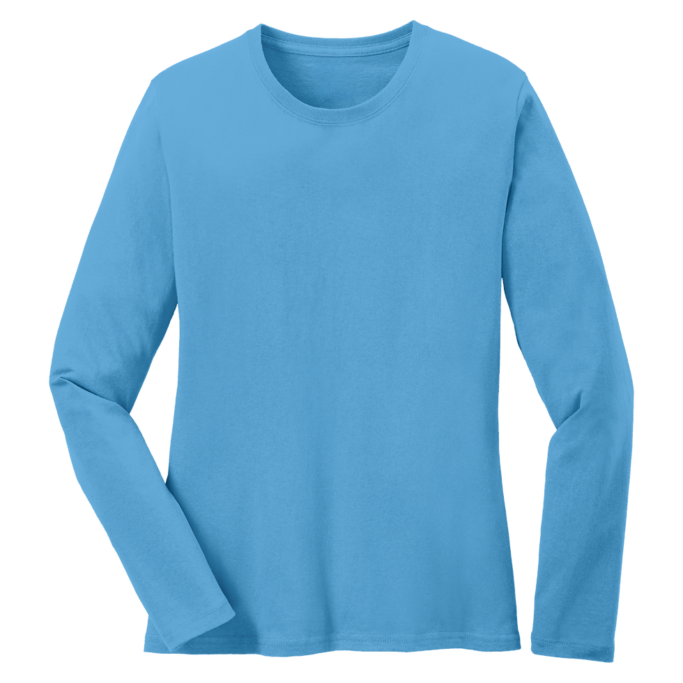 Front view of womens Port & Company aquatic blue crewneck long sleeve t-shirt by Artcraft Sports Apparel.