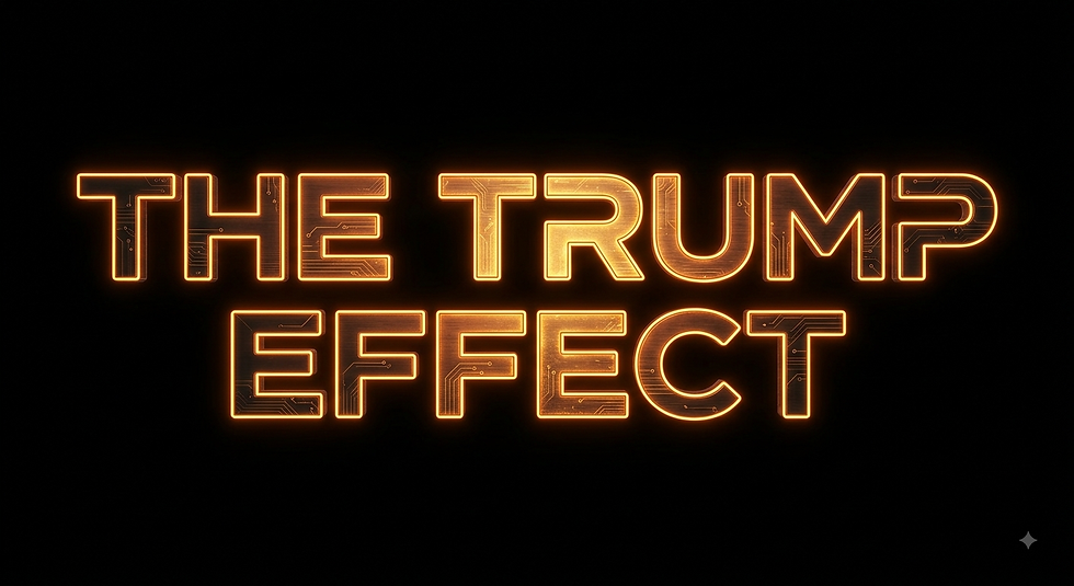 Illuminated orange sign graphic for Patriot Threads that says "THE TRUMP EFFECT" in bold, glowing typography on a dark background.
