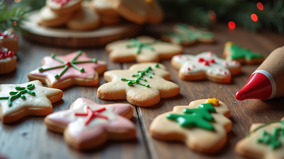 Close-up view of a wooden table with decorated Christmas cookies and icing tools