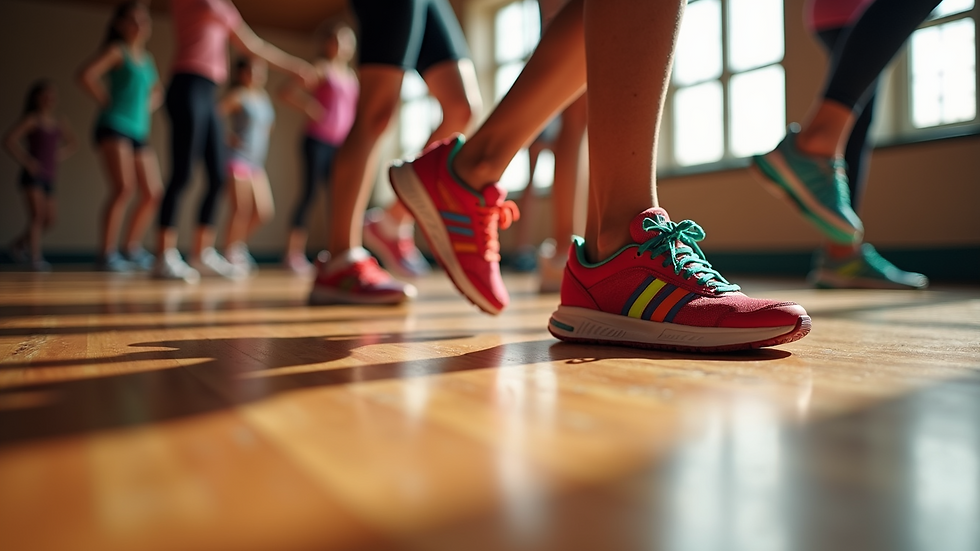 Close-up view of colorful Zumba shoes on a wooden floor during a dance session