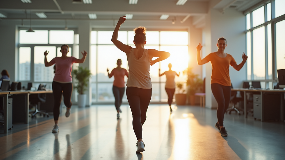 Eye-level view of a bright office space with employees participating in a Zumba session