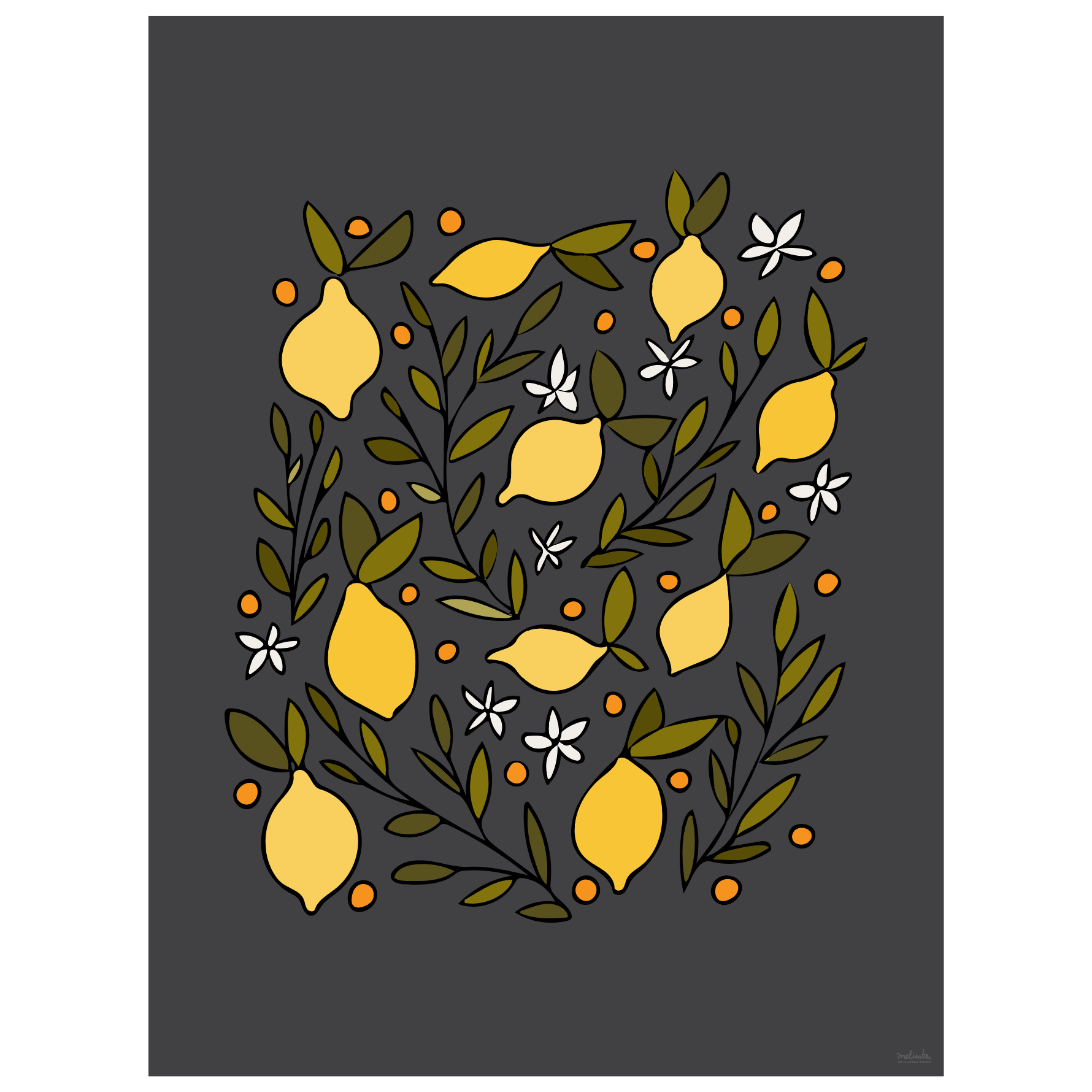 lemon blossom art print - dark charcoal - digital download