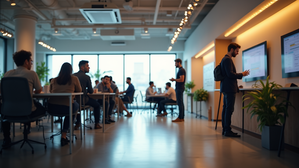 Eye-level view of a modern coworking space with people networking