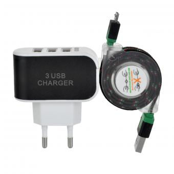Enchufe de UE 3-USB cargador + trenzado - Blanco