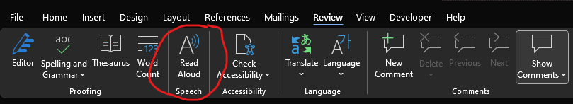 An image of the microsoft word review ribbon with read aloud circled
