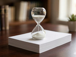 An elegant and conceptual glass hourglass resting on a pristine sheet of paper, symbolizing smooth logistics, efficiency, and secure document coordination.