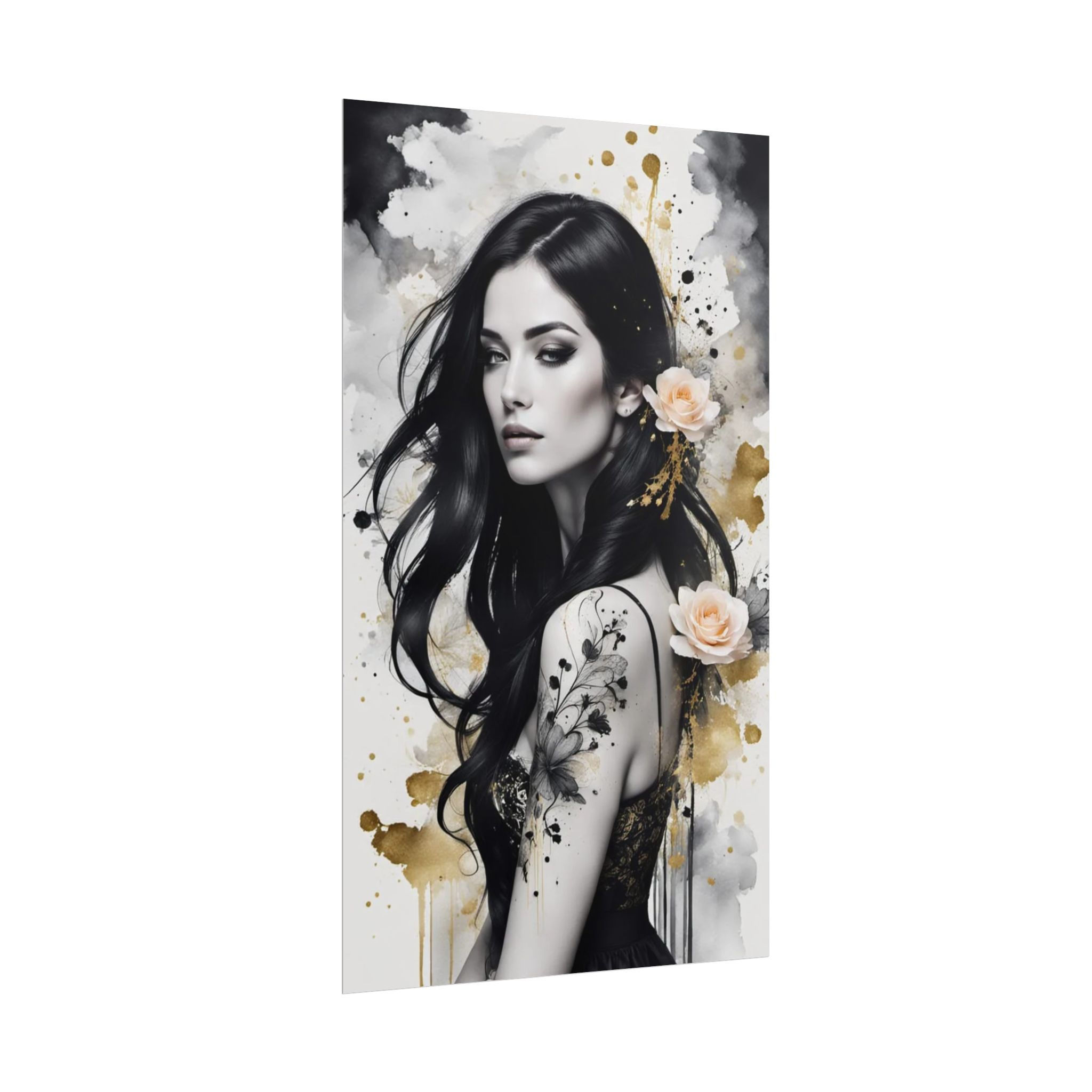 Elegant Black & Gold Portrait Art Print Floral Tattoo Woman Rolled Poster