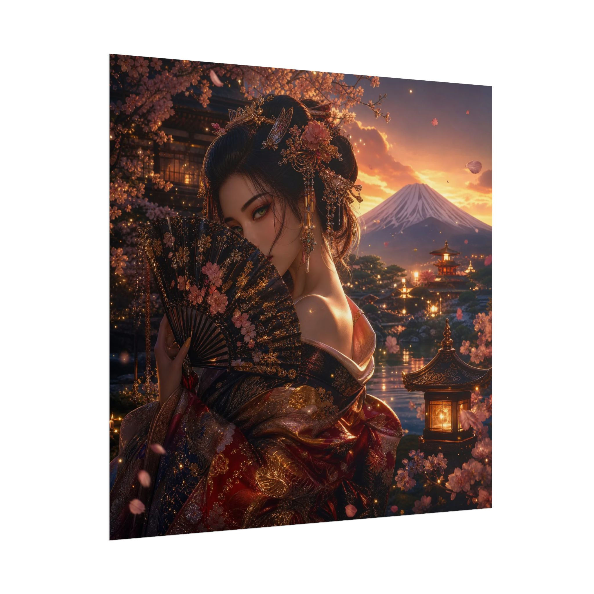 Geisha Sunset Japanese Cherry Blossom Mount Fuji Wall Art (Rolled Poster)