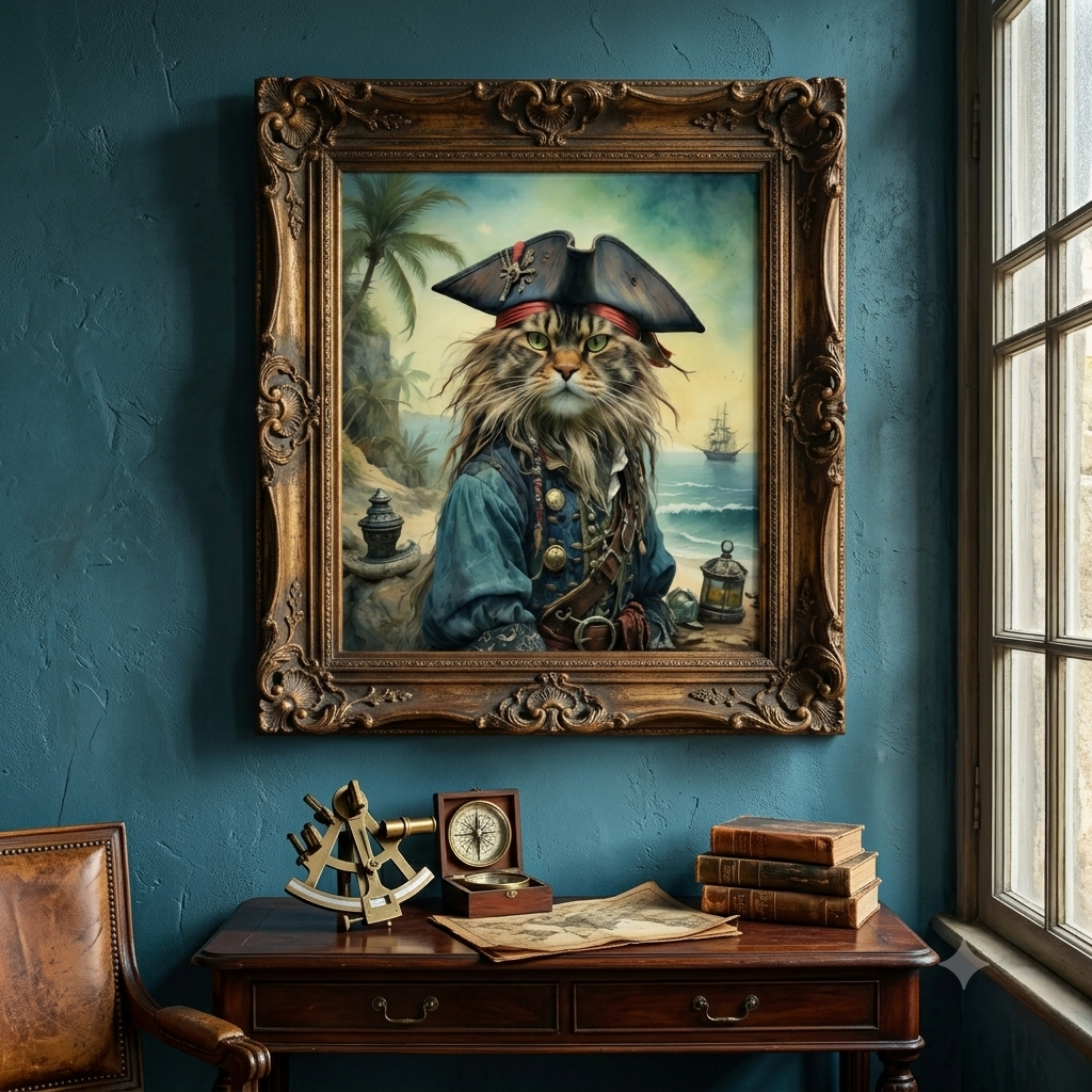 Pirate Cat Portrait Rolled Poster | Nautical Vintage Cat Captain Wall Art