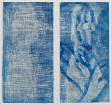 woodblock print, experimental, stencil, Prussian blue,