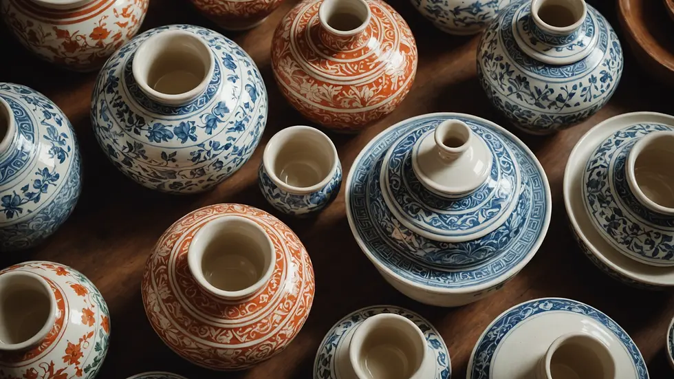 High angle view of beautifully crafted porcelain pottery