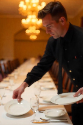 banquet server placing plates on table set up