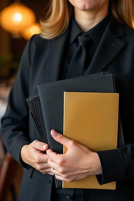 banquet server holding folders and menus