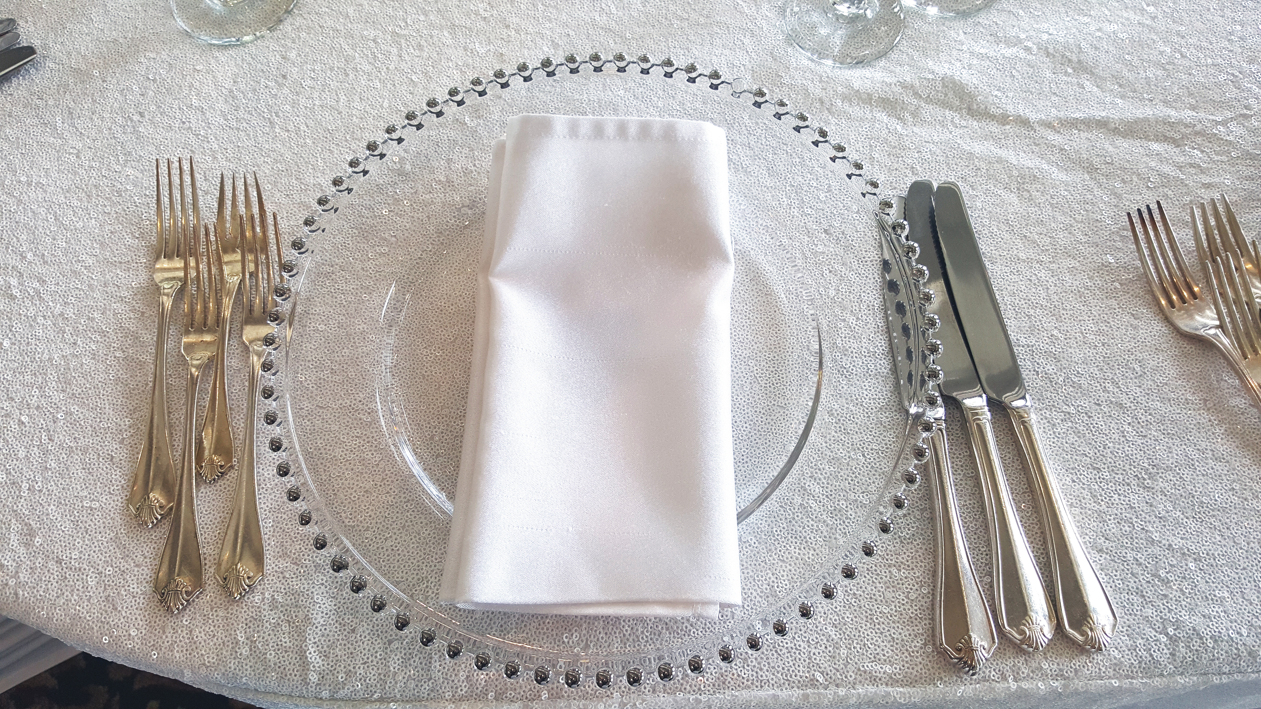 Silver beaded glass charger plates