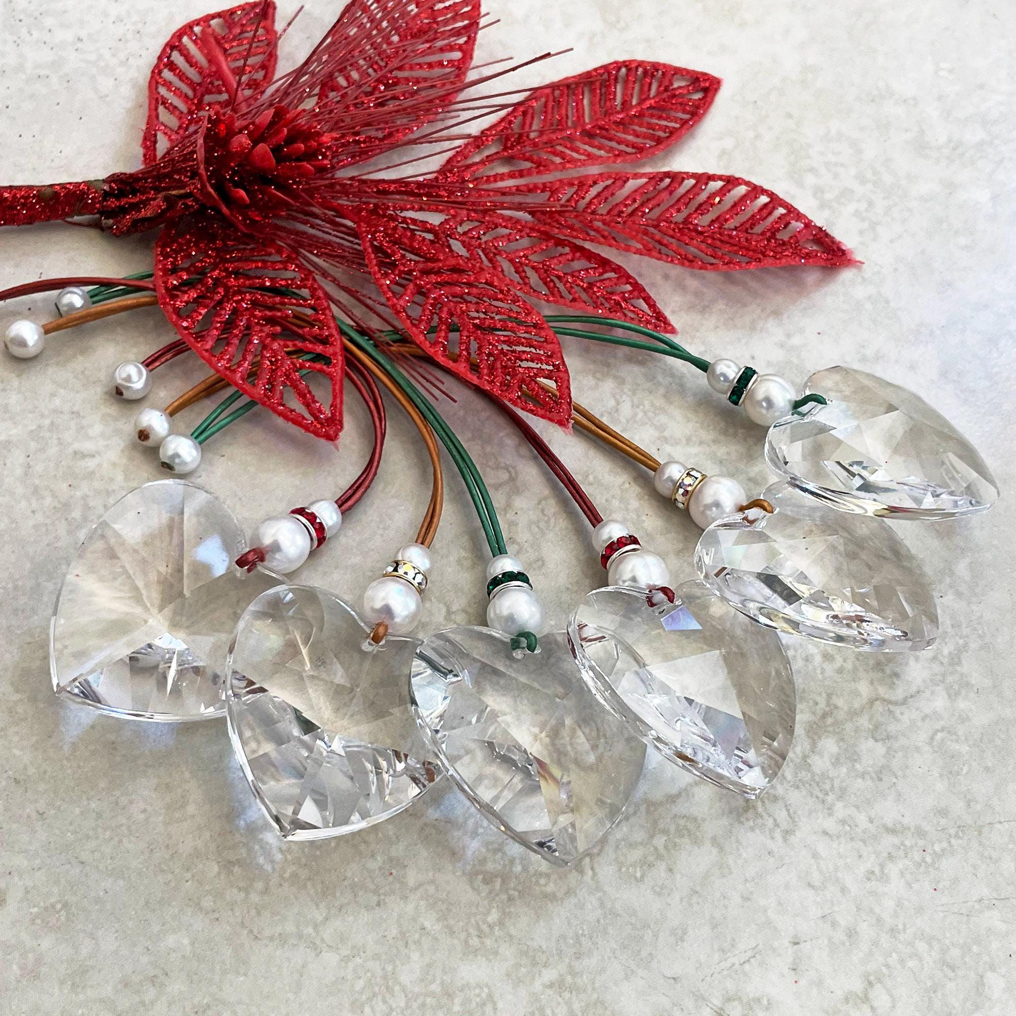 Glass Prism Heart Christmas Ornament with Rhinestones and White Pearls