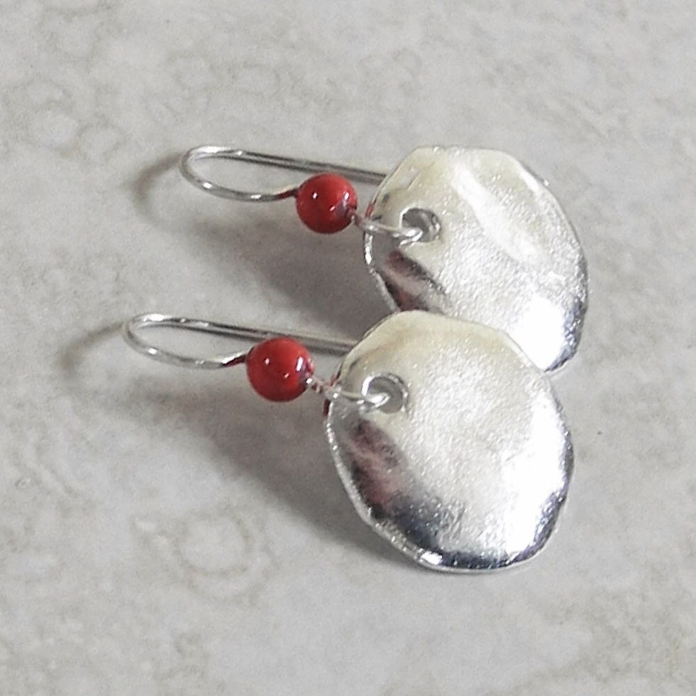 Thumbnail: Large Silver Cornflake Charm Earrings with Coral Pearl