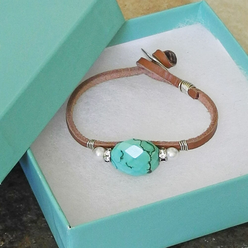 Thumbnail: Sterling Silver Wire Wrapped Leather Cord Bracelet with Turquoise and Pearls