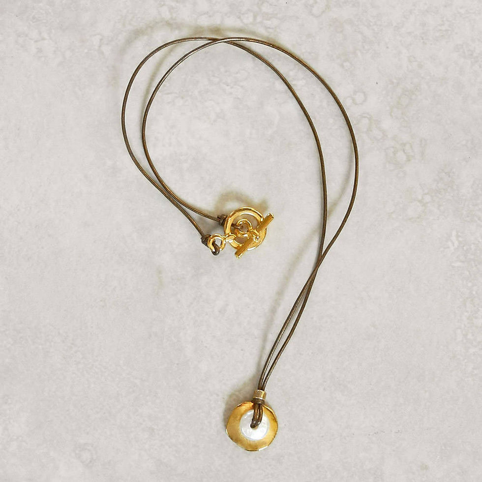 Thumbnail: Gold Disc and White Coin Pearl Drop Necklace on Leather