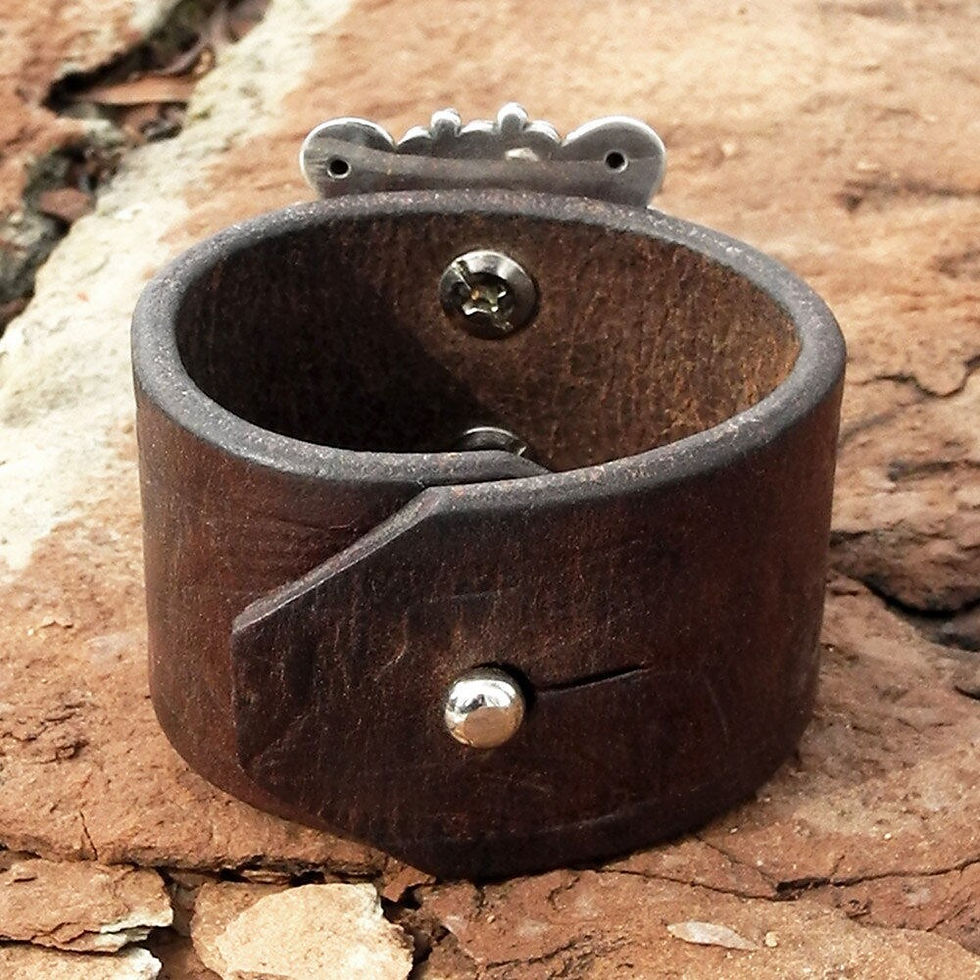 Thumbnail: Leather Cuff Bracelet with Sterling Silver and Green Stone Old Pawn Piece