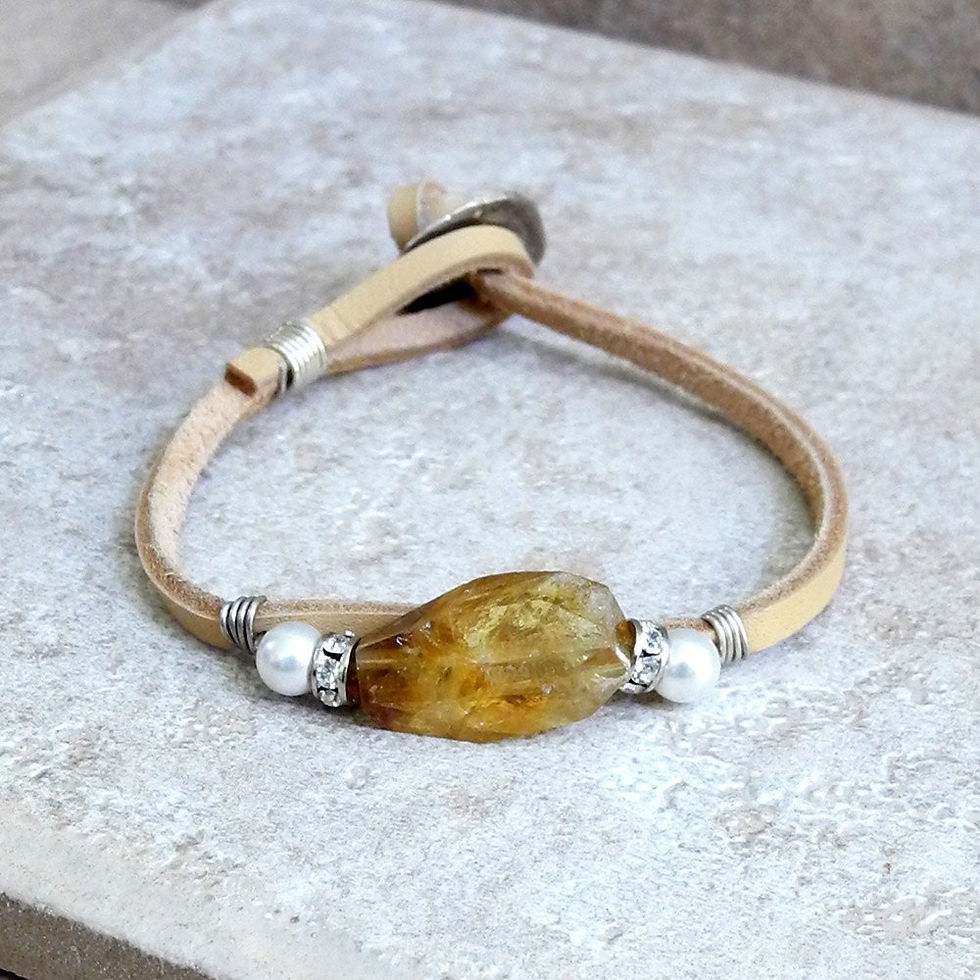 Thumbnail: Sterling Silver Wire Wrapped Leather Cord Bracelet with Whiskey Quartz and Pearl