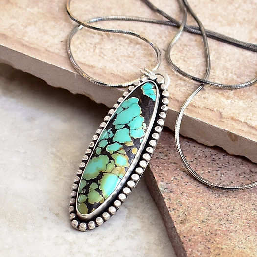 Long Yungai Turquoise Pendant on 8 Sided Snake Chain Close Up-instagram