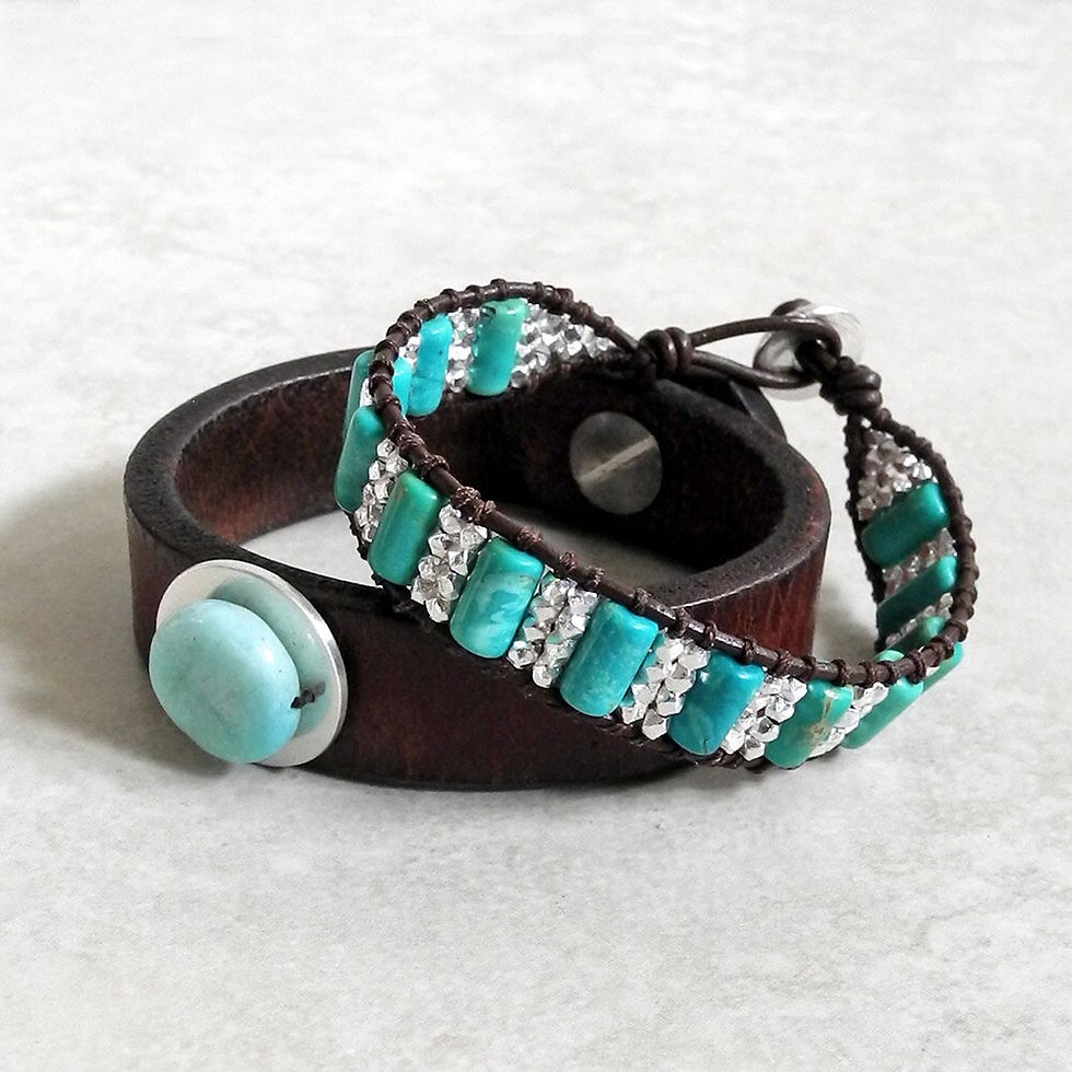 Thumbnail: Single Wrap Leather Bracelet with Turquoise - Turquoise Leather Wrap - Sterling 