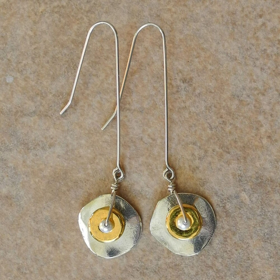 Thumbnail: Silver and Gold Tiered Cornflake Disc Earrings with White Pearl