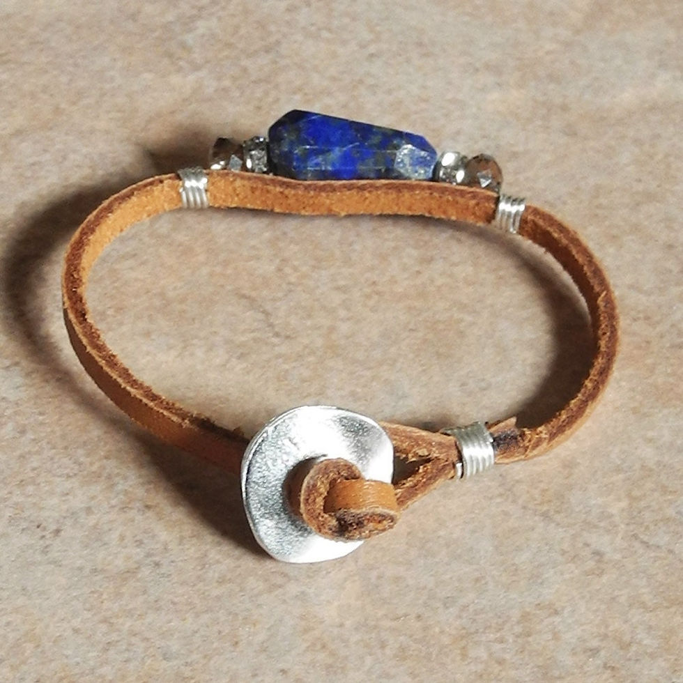 Thumbnail: Sterling Silver Wire Wrapped Leather Cord Bracelet with Lapis and Crystals