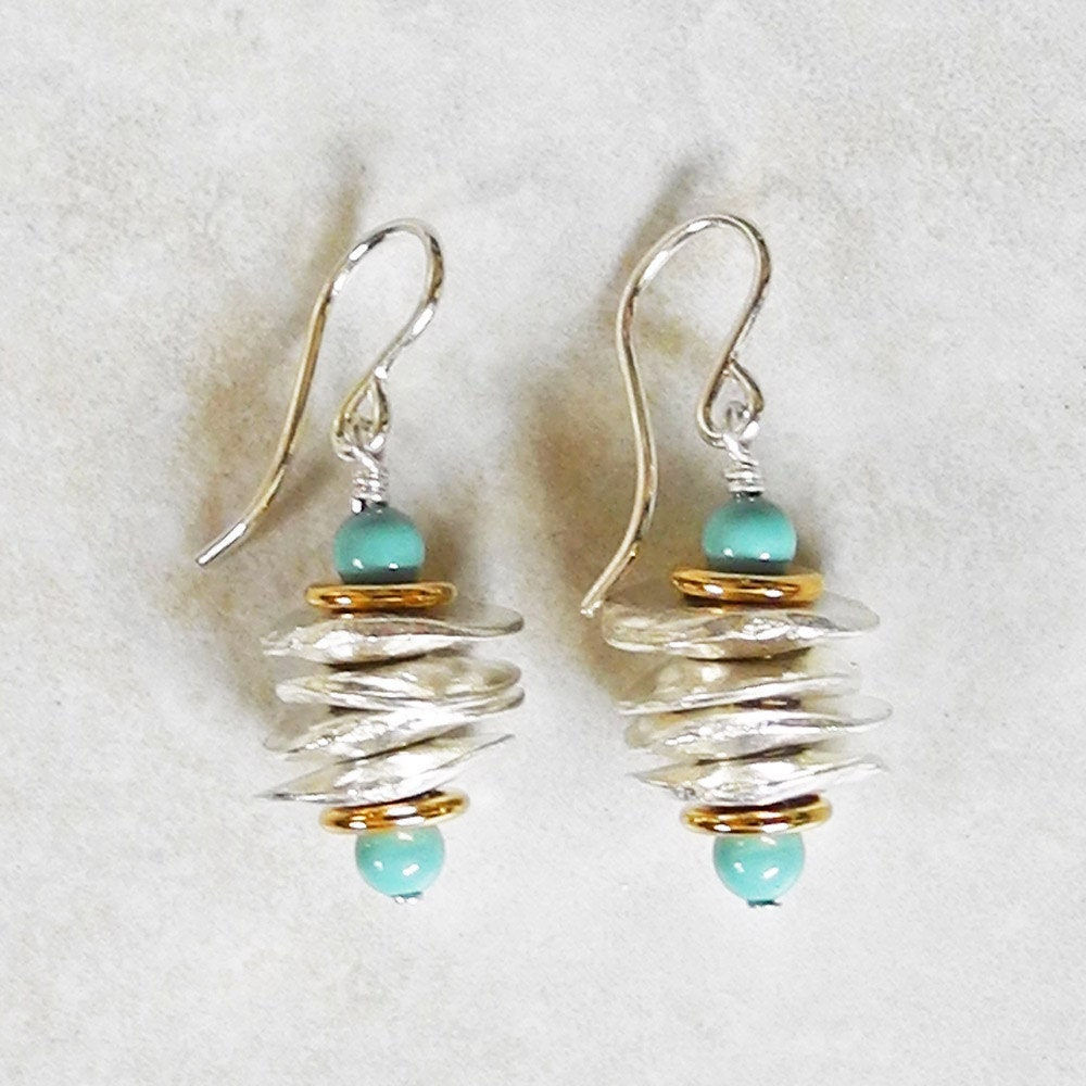 Stacked Silver Chunk Earrings with Jade Pearl