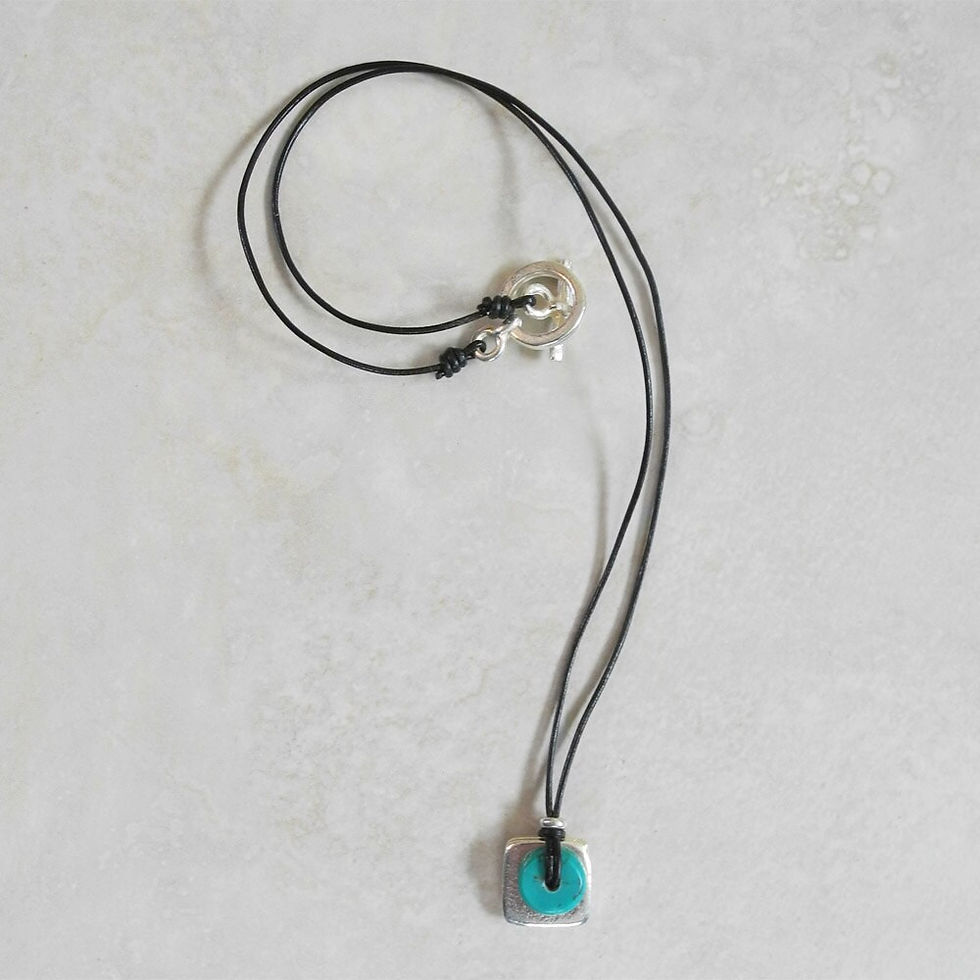 Thumbnail: Silver Square Tile Necklace with Turquoise on Leather Cord