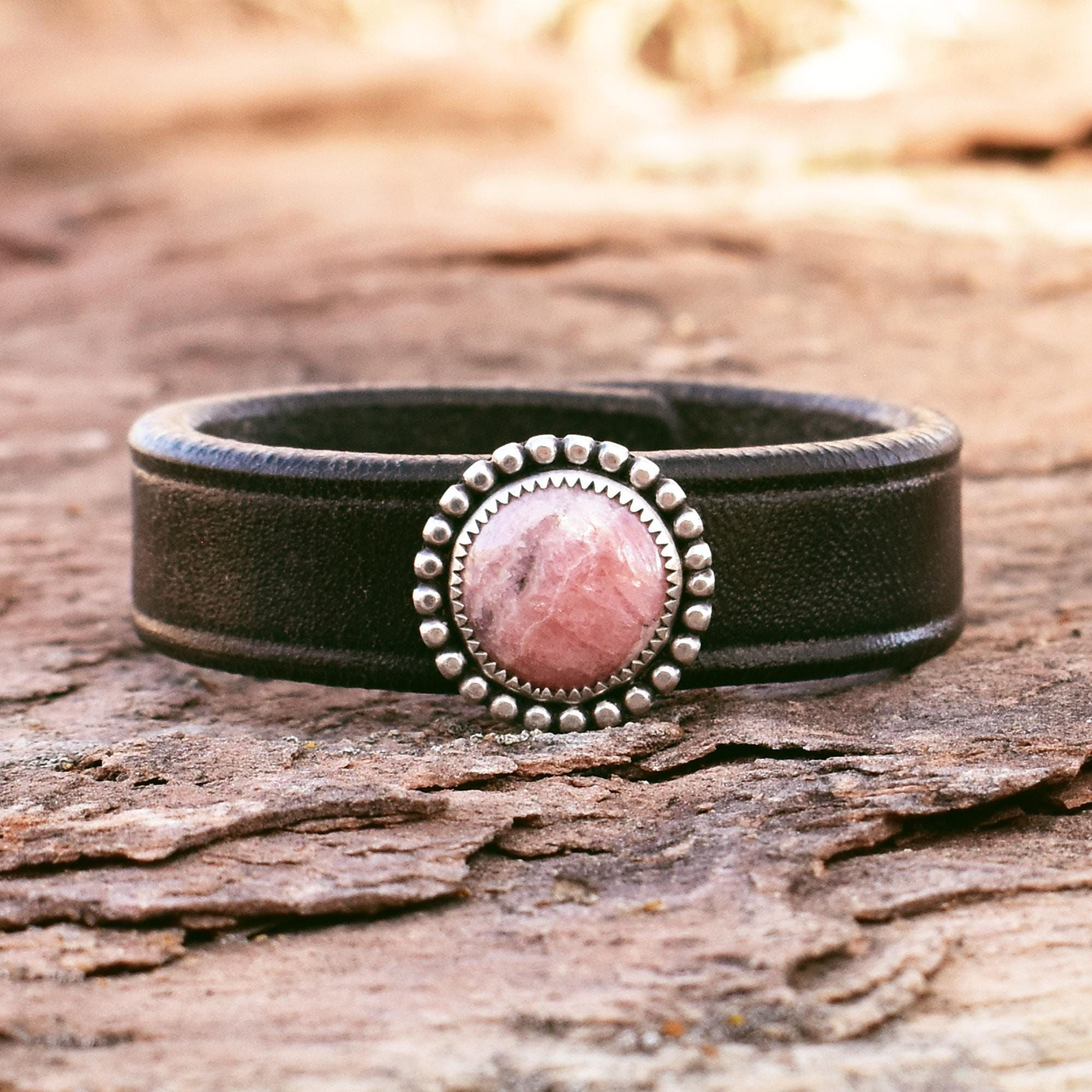 Sterling Silver and Pink Rhodochrosite Leather Cuff