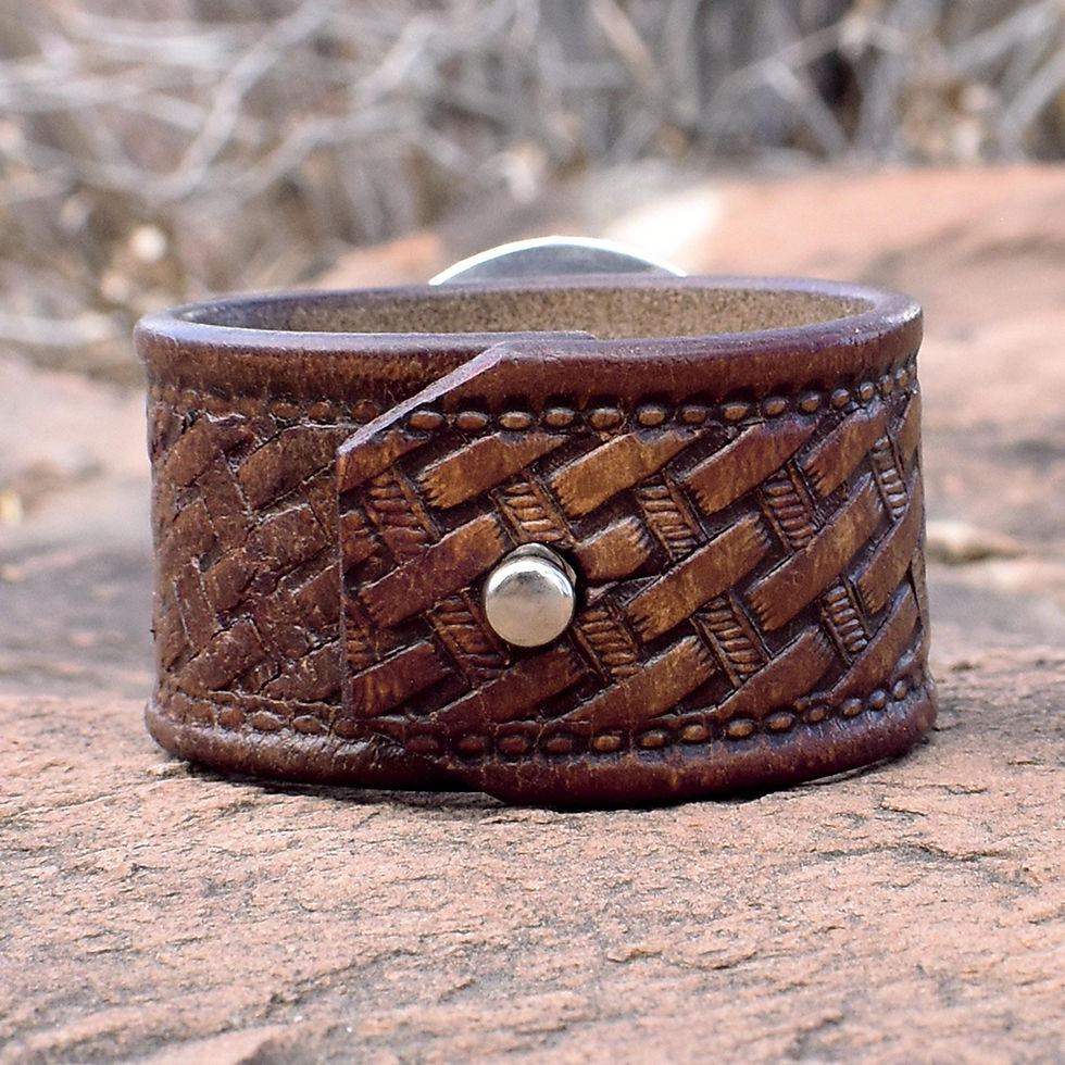Thumbnail: Large Leather Cuff with Sterling Silver and Qingu Turquoise