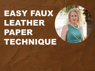 Thumbnail graphic with a textured brown faux leather background and large white text reading “Easy Faux Leather Paper Technique.” On the right side is a circular portrait of a smiling woman with curly blonde hair wearing a green sleeveless top and pearl necklace.