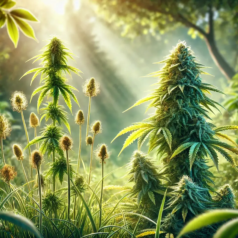 männliche und weibliche Cannabispflanze in freier Natur