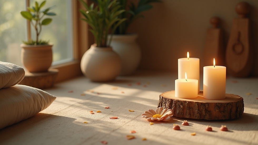 Close-up view of a peaceful meditation space adorned with candles and natural elements