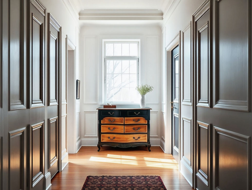 Modern architectural hallway with Wall panelling a window with view and Engineered hardwoo