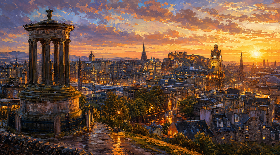 Edinburgh skyline at sunset during a city odyssey