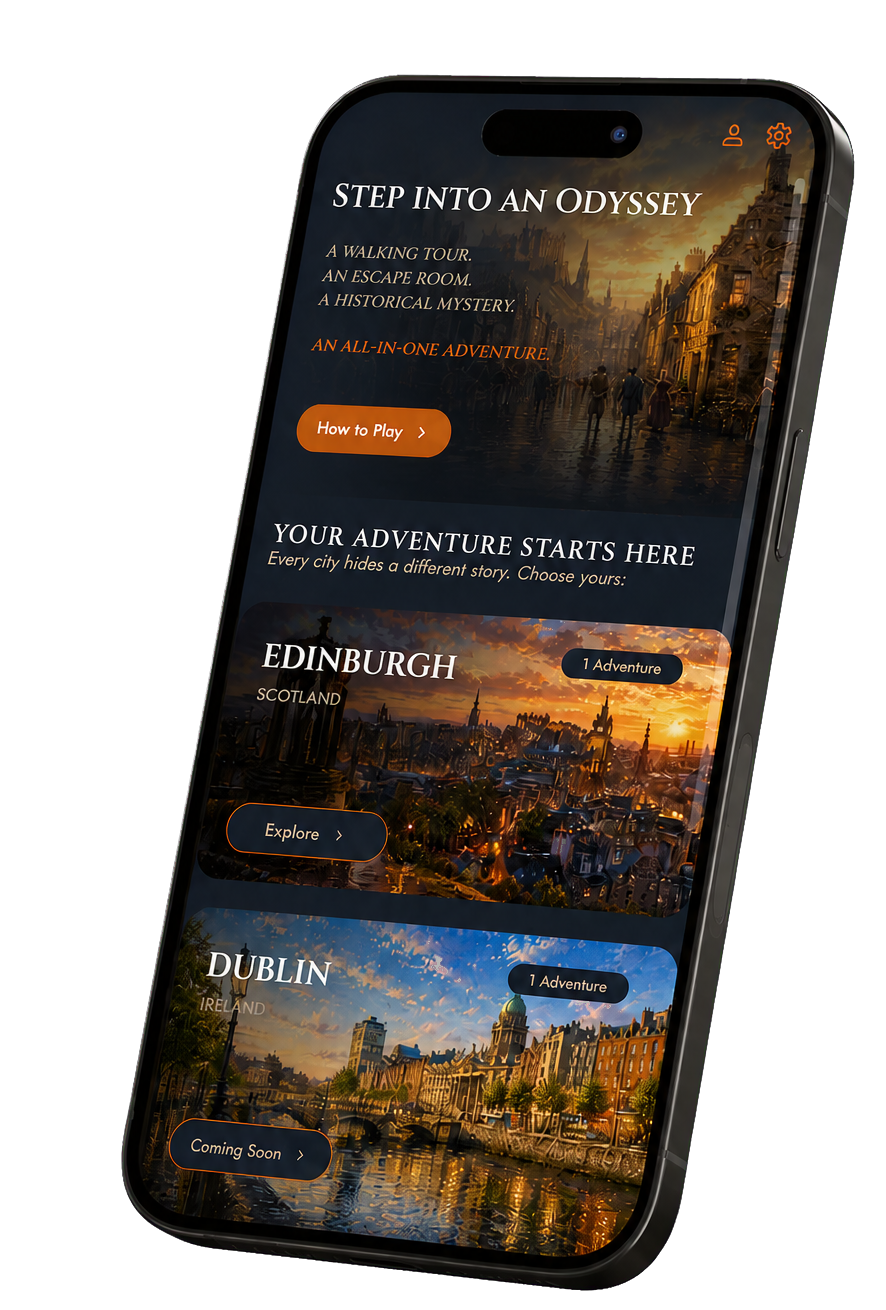 Smartphone showing the City Odyssey travel app interface.