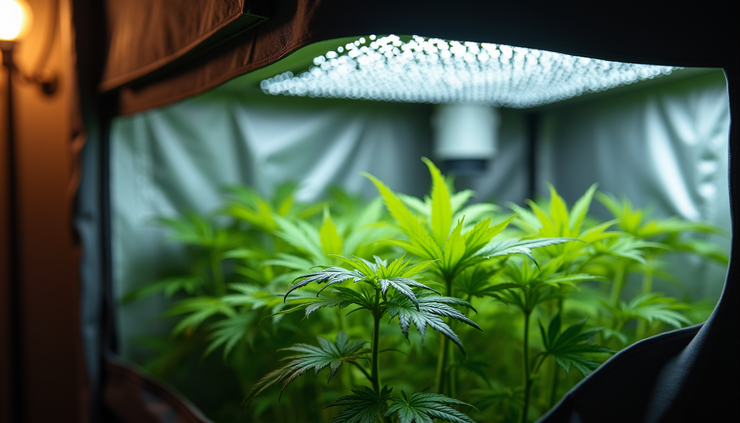 Vista frontale di una tenda grow box ticino allestita con lampada LED e ventilazione