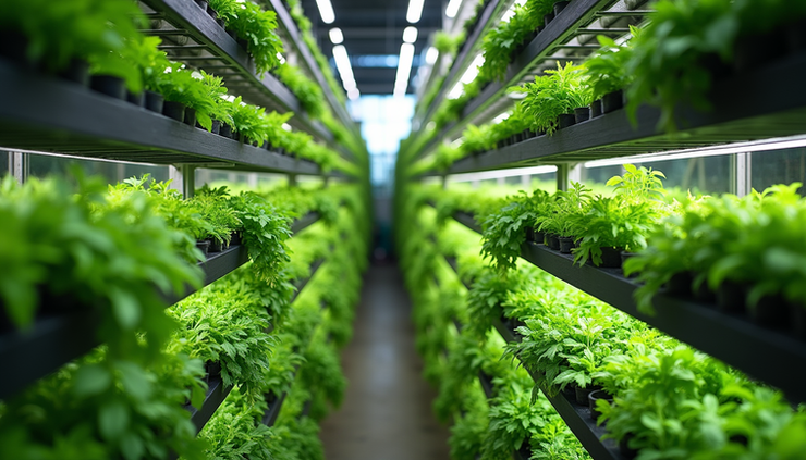 Vista frontale di una vertical farm con scaffalature multiple e piante verdi rigogliose