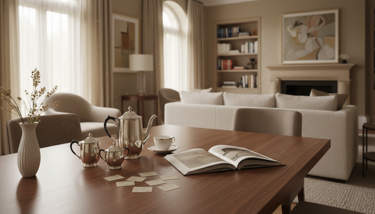 Eye-level view of a walnut table with a silver tea service, art book, and neatly cataloged cards in a quiet sitting room