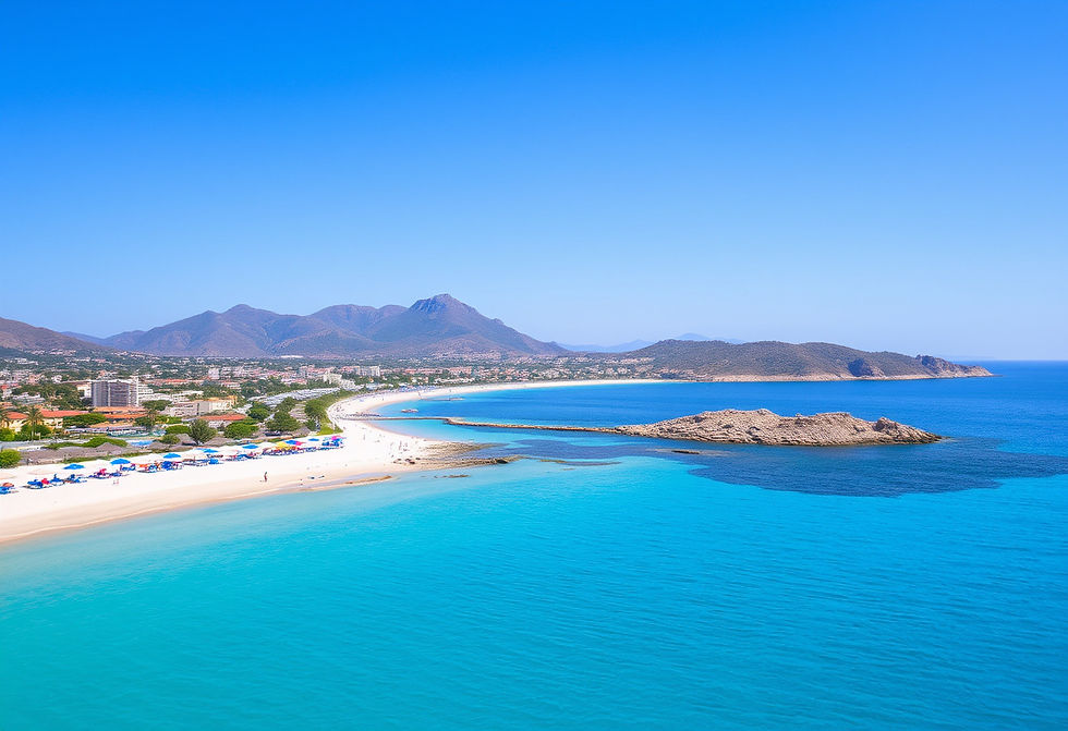 A serene beach with turquoise water, colorful umbrellas, and distant mountains under a clear blue sky. Coastal town in the background.