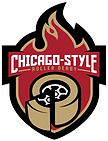 Chicago Style Roller Derby logo. It features a skate wheel shaped like a pizza over a flame background.
