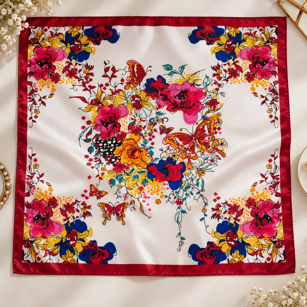 LENÇO PP 50x50cm Floral vermelho escuro cereja