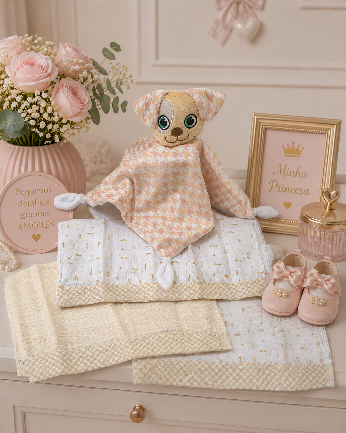 KIT ENCANTO NANINHA com som de chocalho cachorro + 3 PANOS DE BOCA