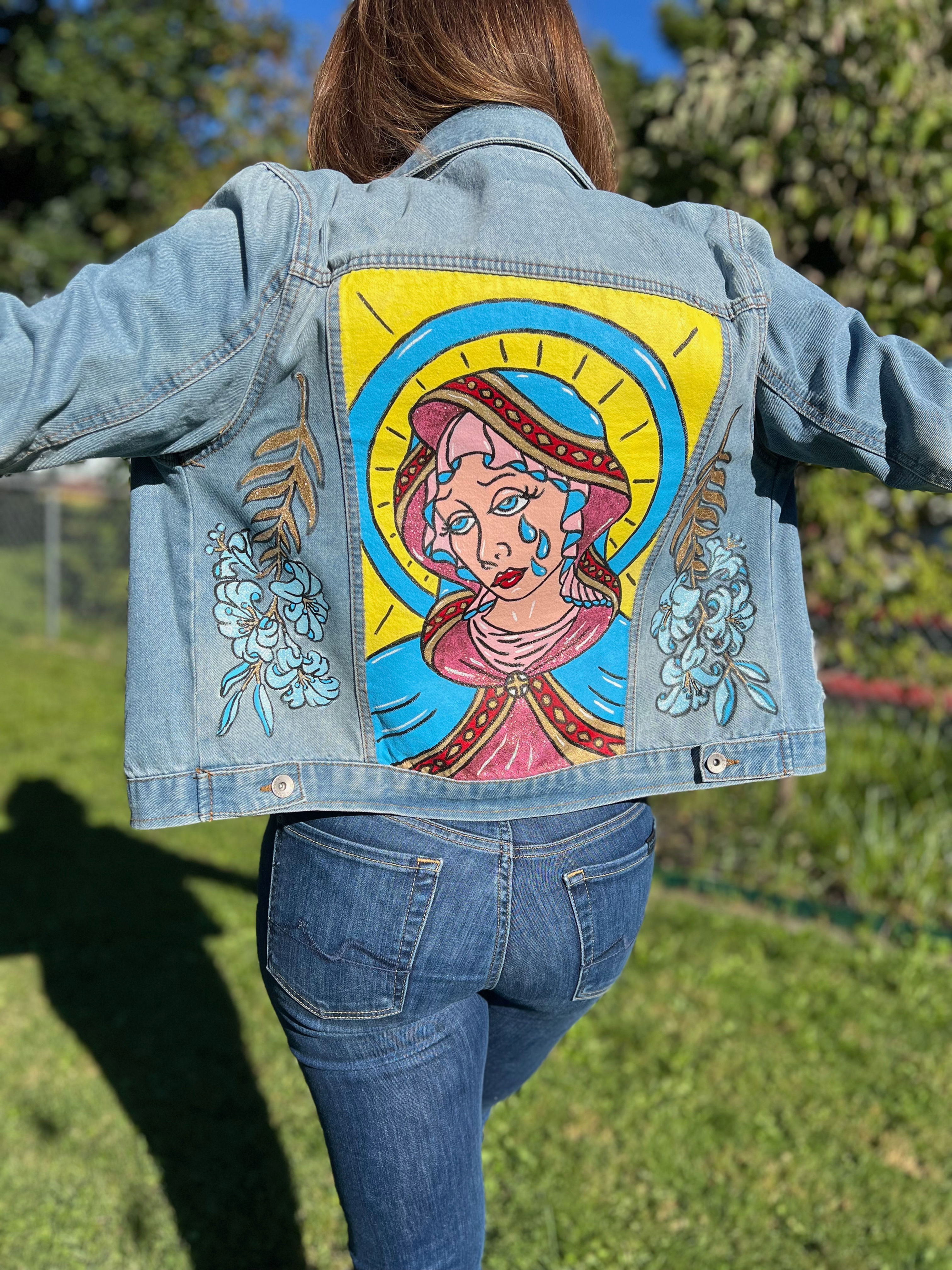 Saint Mary Tattoo Style Denim Jacket Hand Painted– Original Art, Glitter Accents