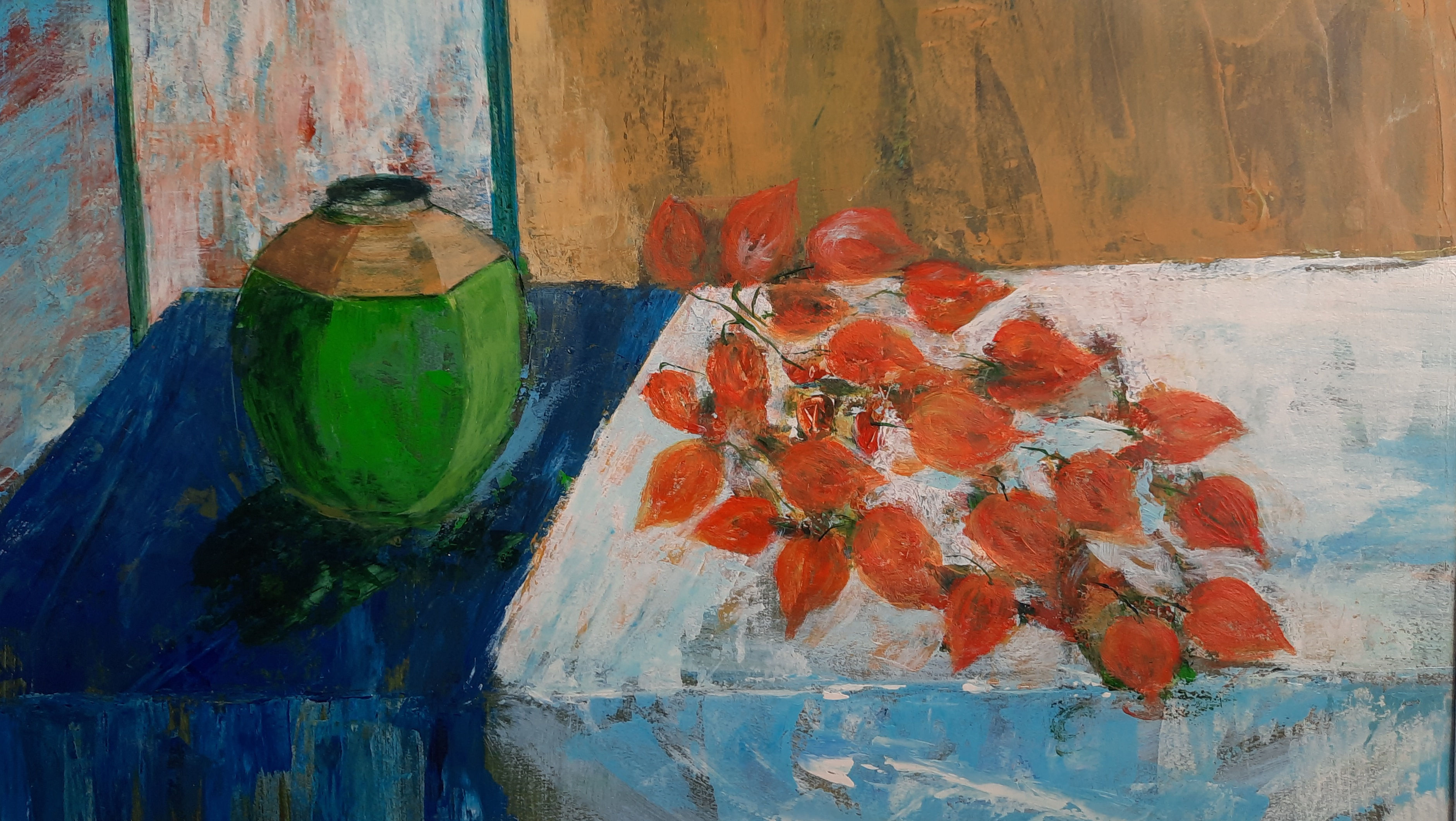 Ginger jar and physalis dried flowers